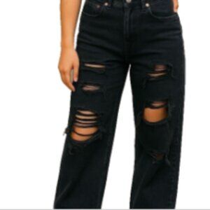 PacSun Women’s Jeans Sz 26 Black NEW Button Fly High Waist Baggy Destroyed Wide